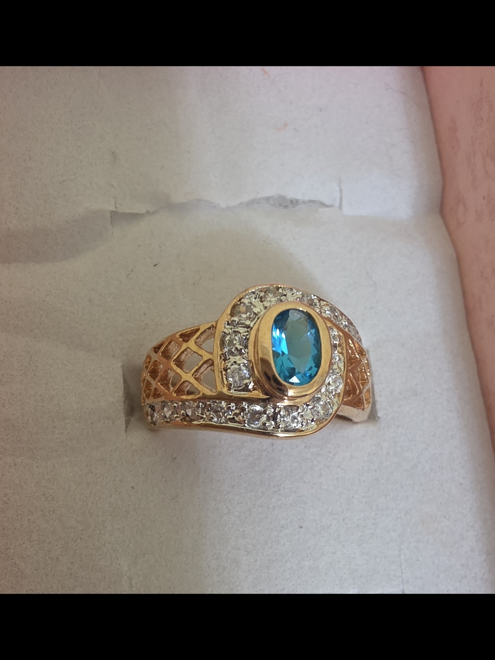 14k Gold Electroplated Cubic  Zirconia Women's Ring with Blue Oval Stone